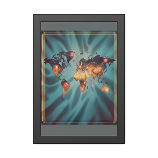 Framed World Map Poster – Glowing Network Travel Art Print | Modern Wall Decor