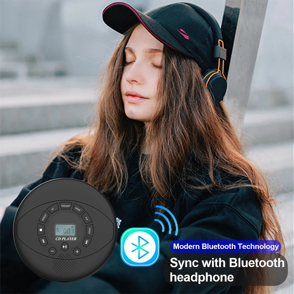 Portable CD Player with Bluetooth & Rechargeable Battery | Discman with Speaker & Earbuds Support