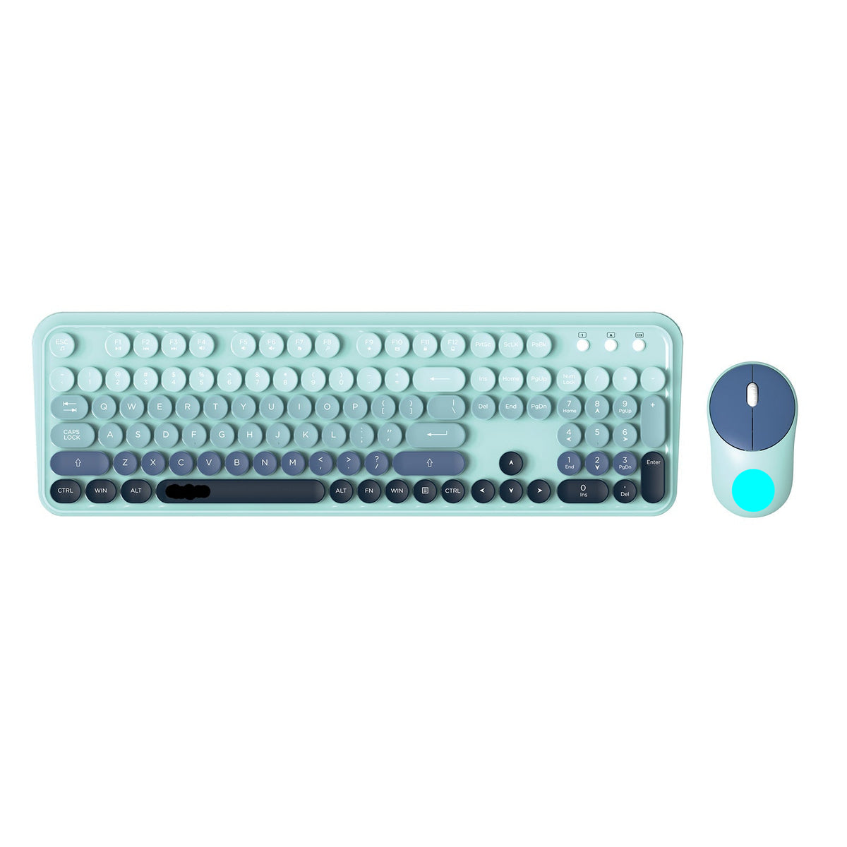 A retro-style wireless keyboard and matching mouse set in mint green and dark blue-gray, shown on a plain white background.