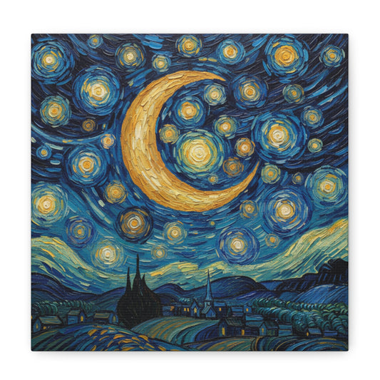 Starry Night Moon Matte Canvas Wall Art | Stretched Space Décor Print