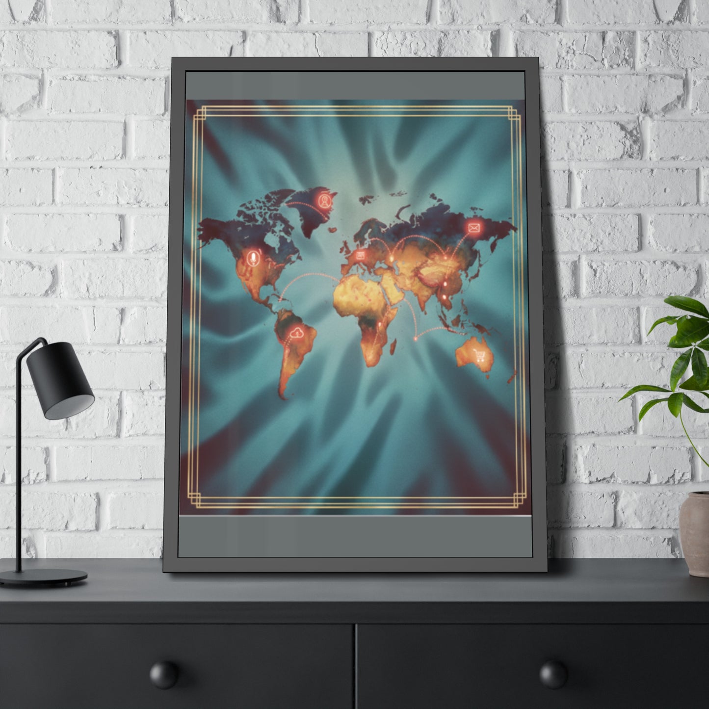 Framed World Map Poster – Glowing Network Travel Art Print | Modern Wall Decor