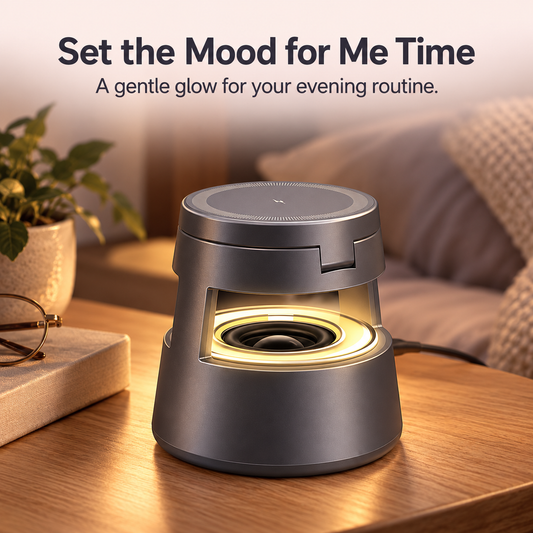 A dark gray cylindrical mood lamp with a glowing warm light inside, placed on a wooden table in a cozy living room setting. Text at the top reads 'Set the Mood for Me Time' and 'A gentle glow for your evening routine.