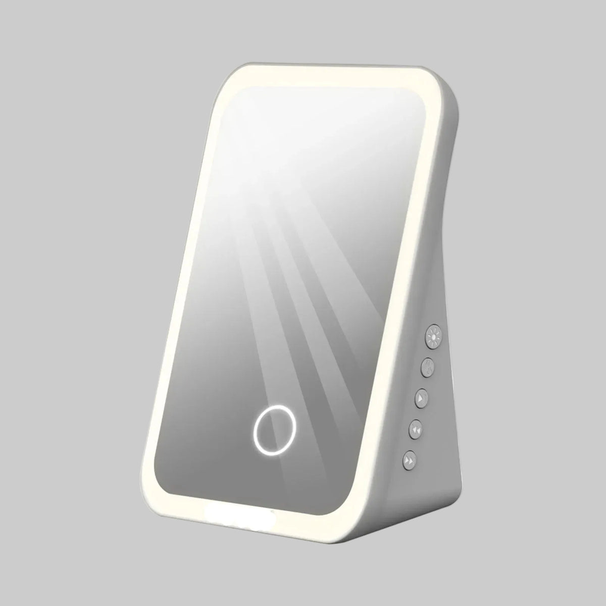 A modern LED ring light mirror with a white outer frame and a reflective silver-gray inner panel, shown on a solid white background.