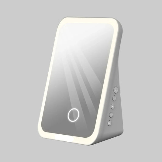 A modern LED ring light mirror with a white outer frame and a reflective silver-gray inner panel, shown on a solid white background.