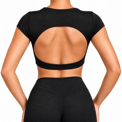 Womens Double-Stitched No-Cup Yoga Fitness Short-Sleeve Top