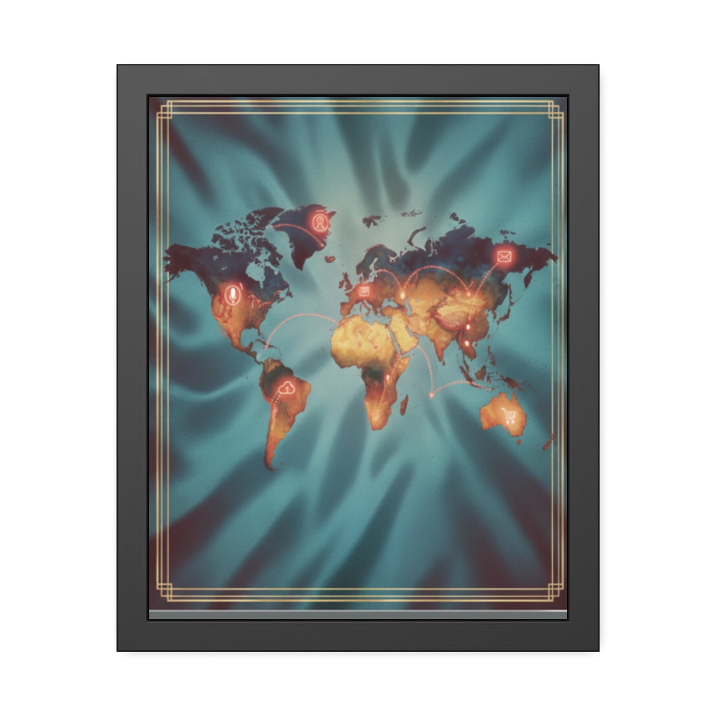 Framed World Map Poster – Glowing Network Travel Art Print | Modern Wall Decor