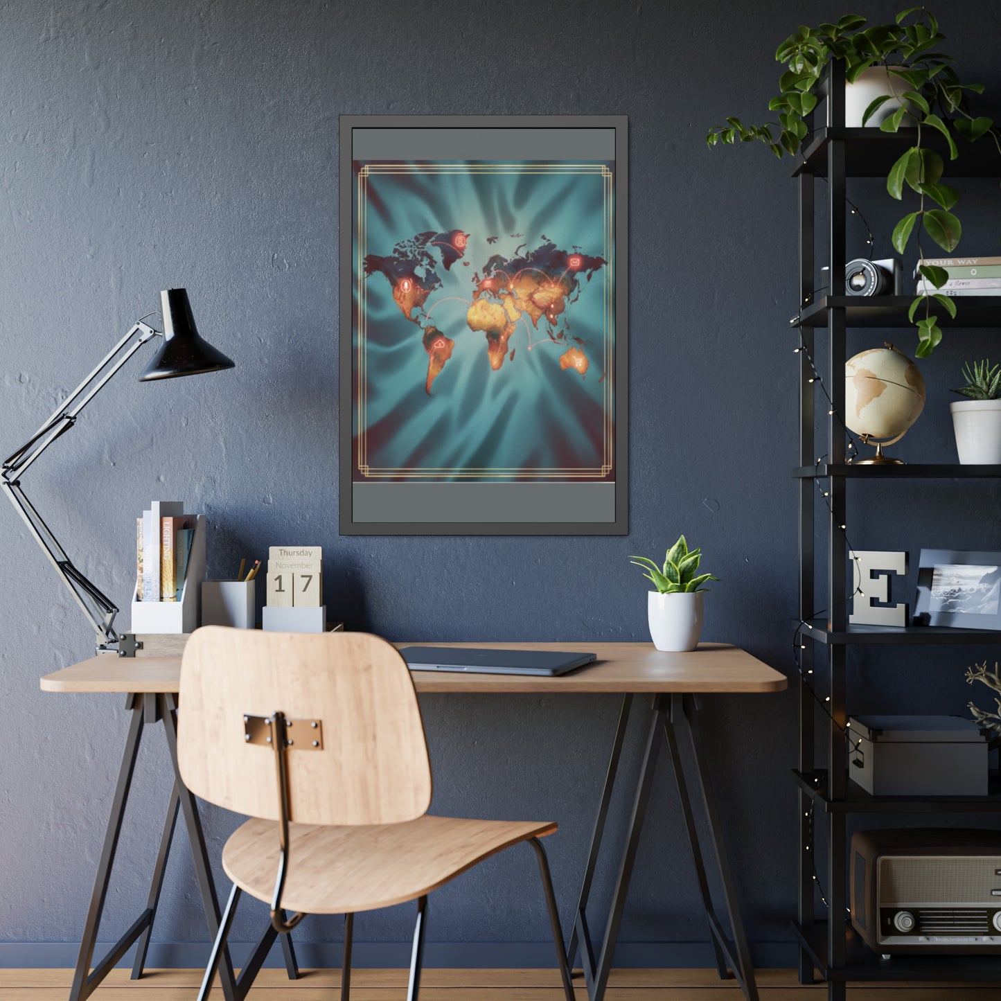 Framed World Map Poster – Glowing Network Travel Art Print | Modern Wall Decor