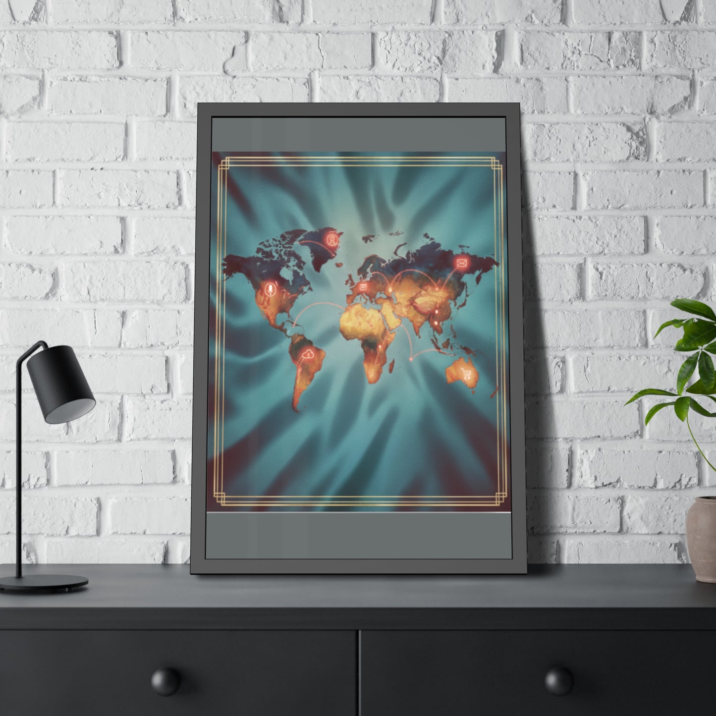Framed World Map Poster – Glowing Network Travel Art Print | Modern Wall Decor