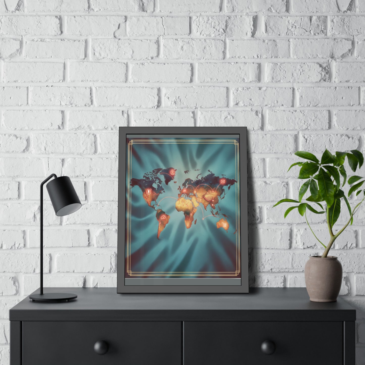Framed World Map Poster – Glowing Network Travel Art Print | Modern Wall Decor