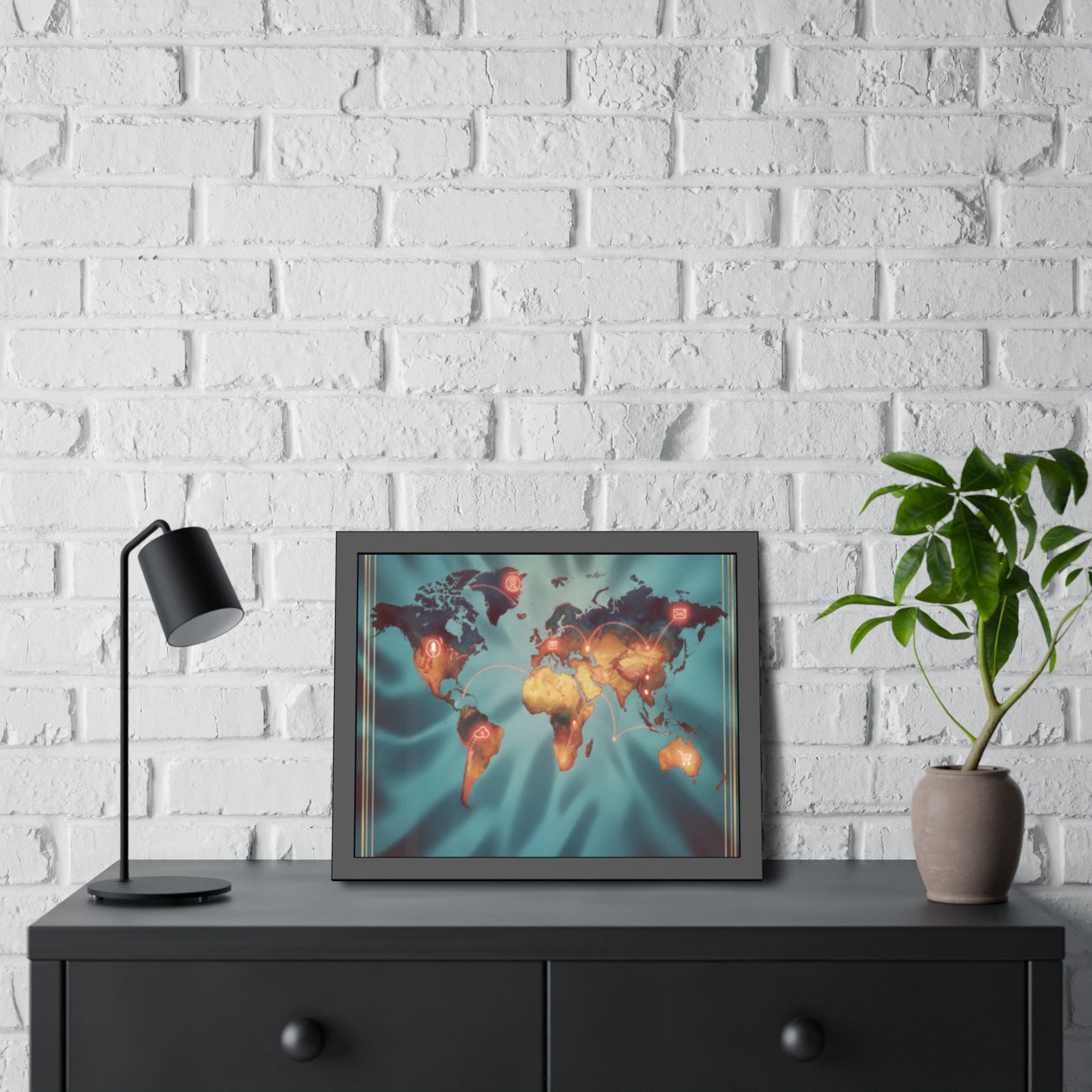 Framed World Map Poster – Glowing Network Travel Art Print | Modern Wall Decor