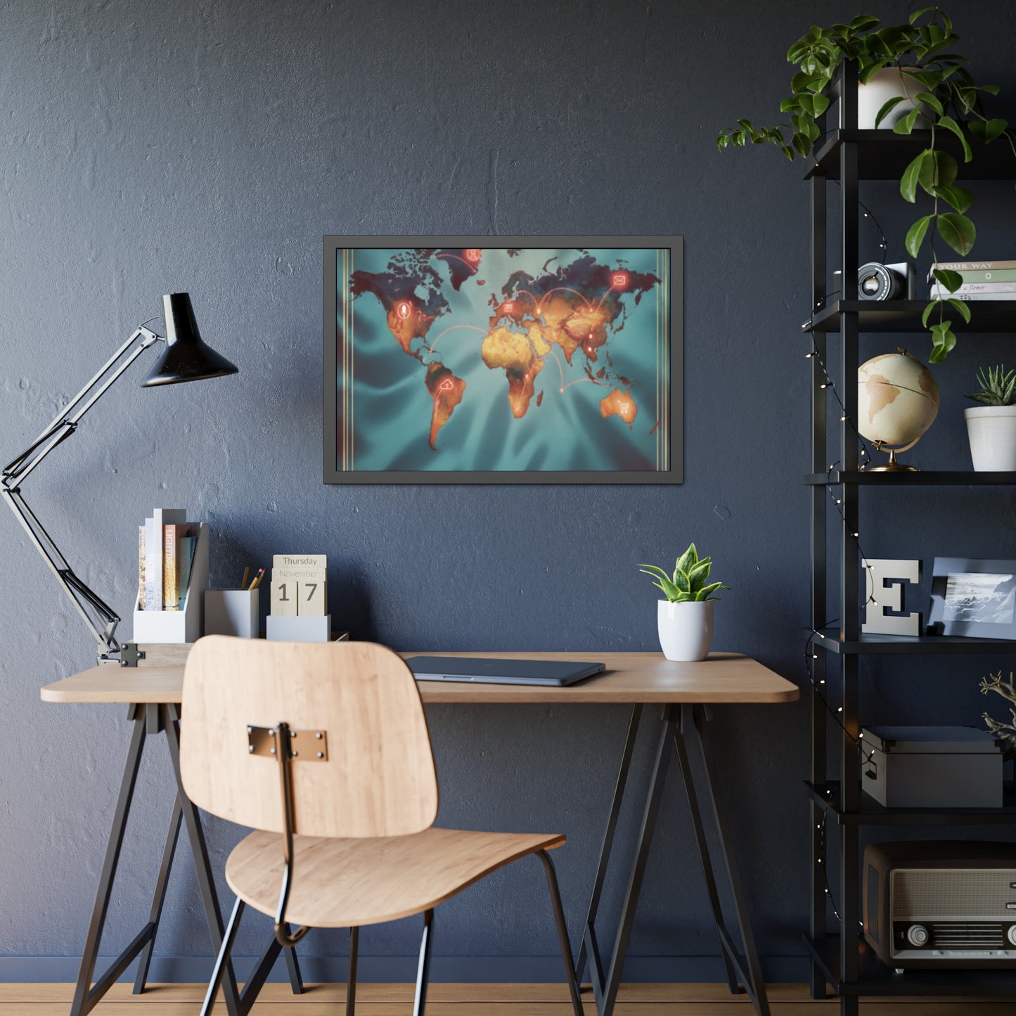 Framed World Map Poster – Glowing Network Travel Art Print | Modern Wall Decor