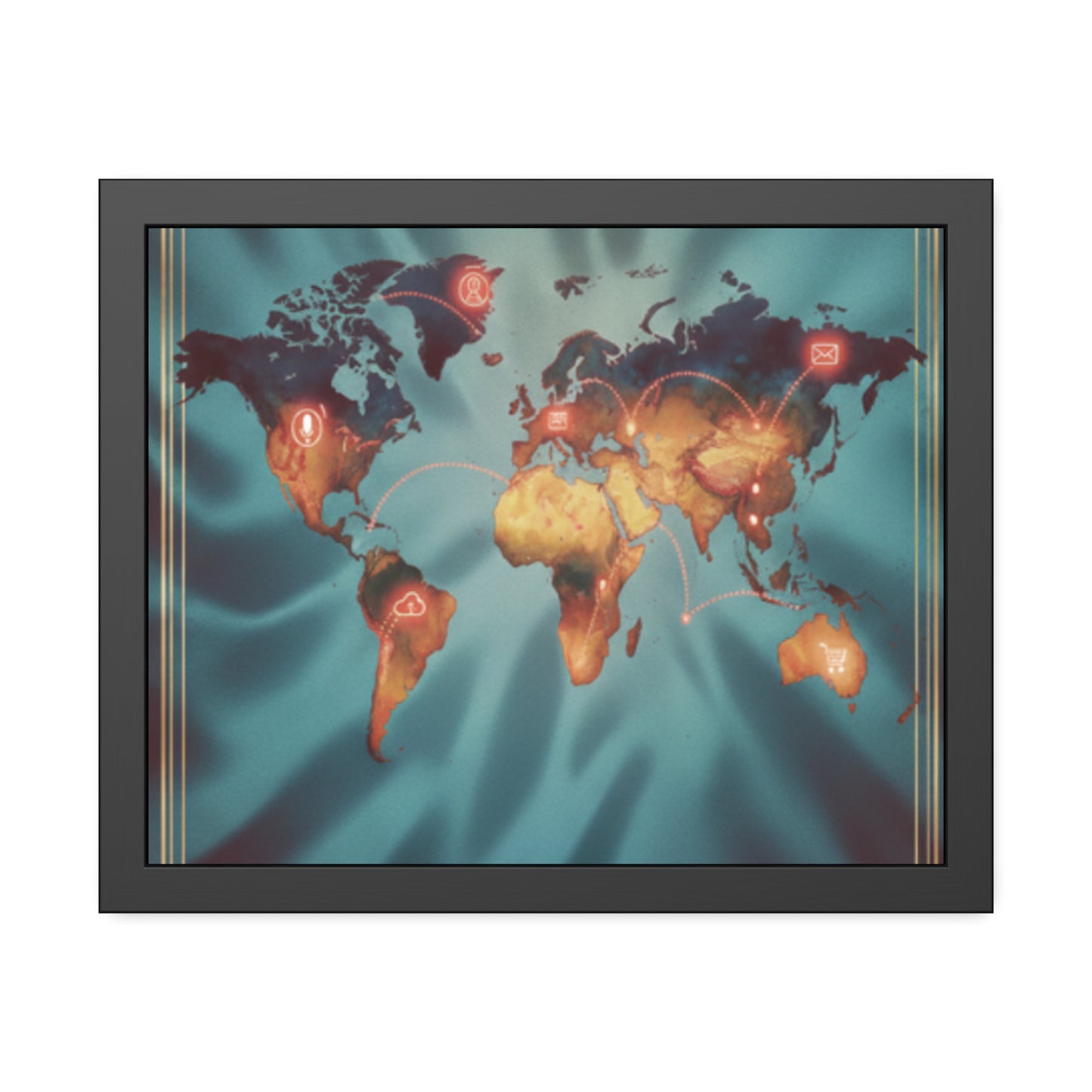 Framed World Map Poster – Glowing Network Travel Art Print | Modern Wall Decor