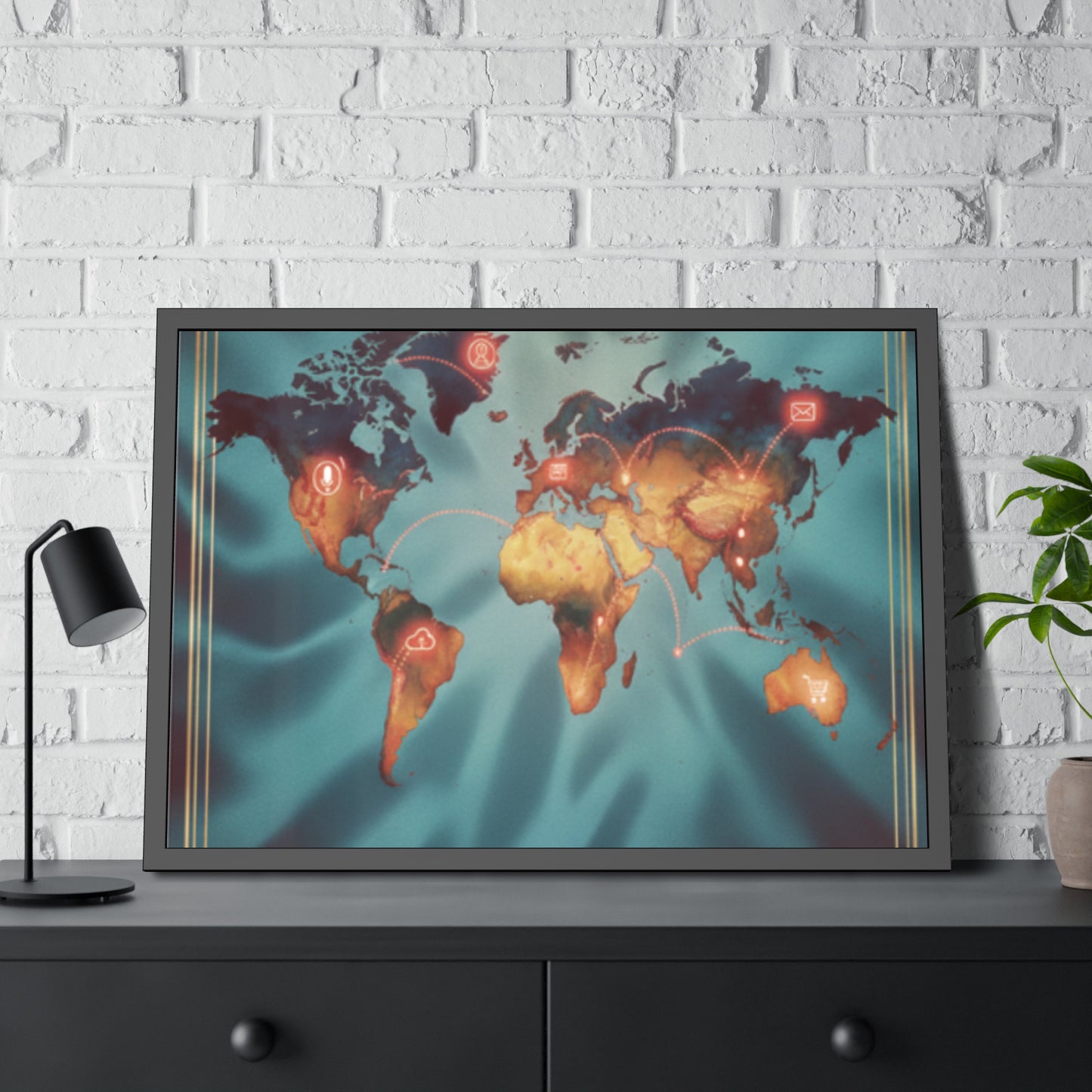 Framed World Map Poster – Glowing Network Travel Art Print | Modern Wall Decor