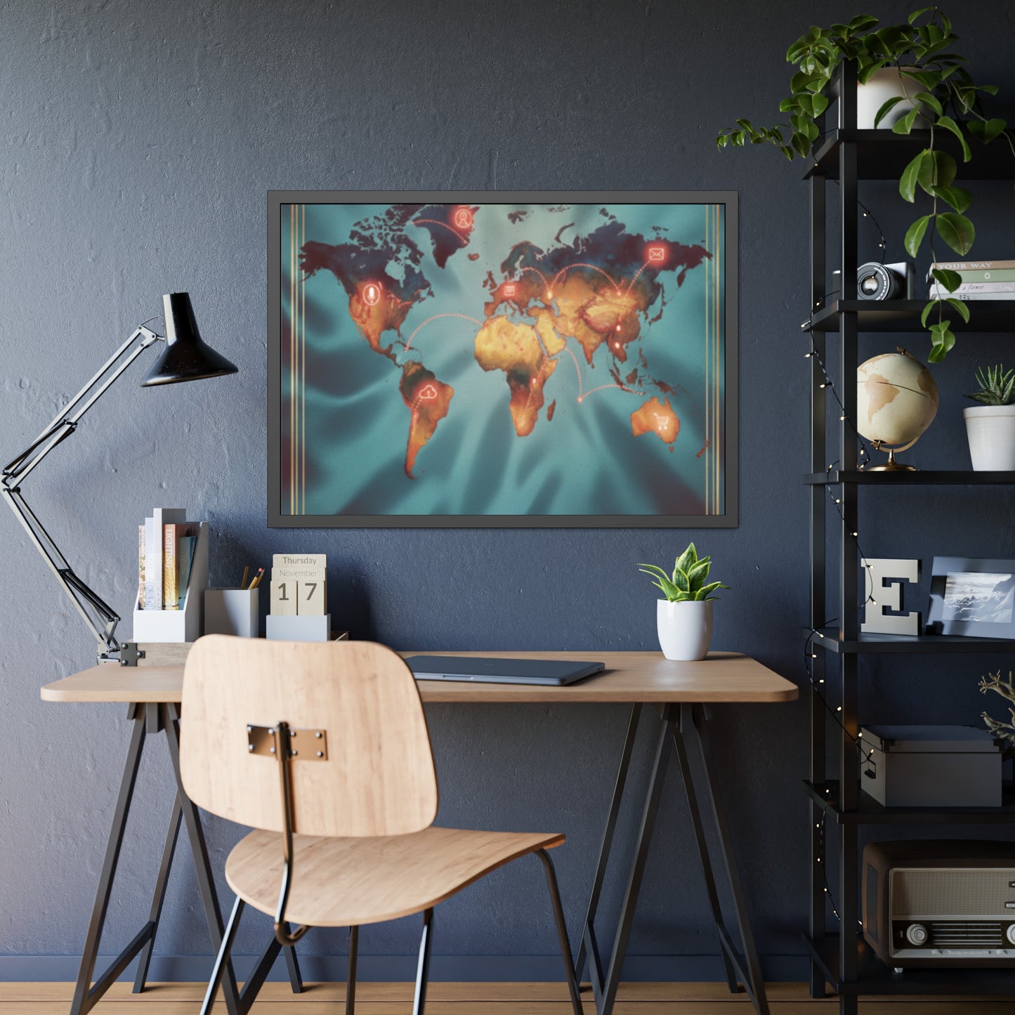 Framed World Map Poster – Glowing Network Travel Art Print | Modern Wall Decor