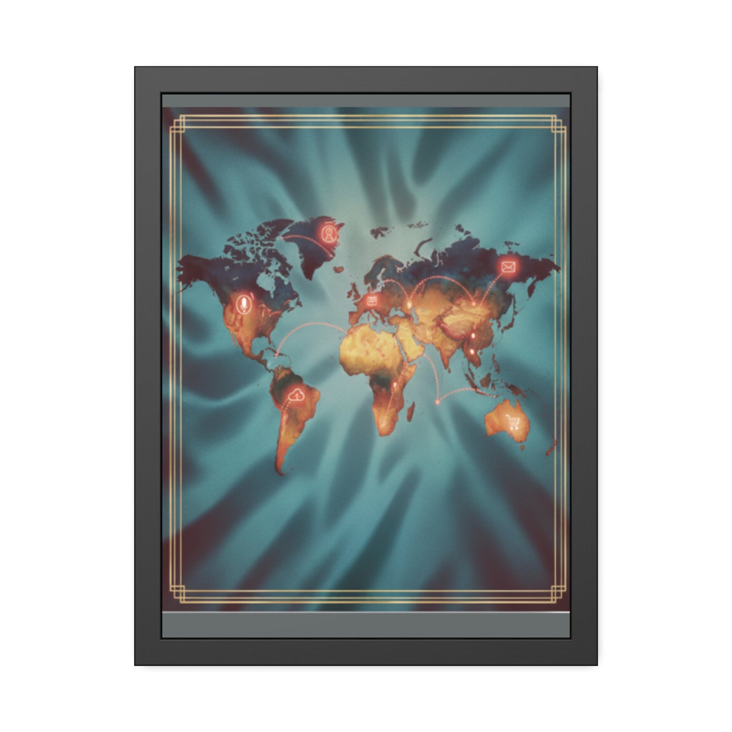 Framed World Map Poster – Glowing Network Travel Art Print | Modern Wall Decor