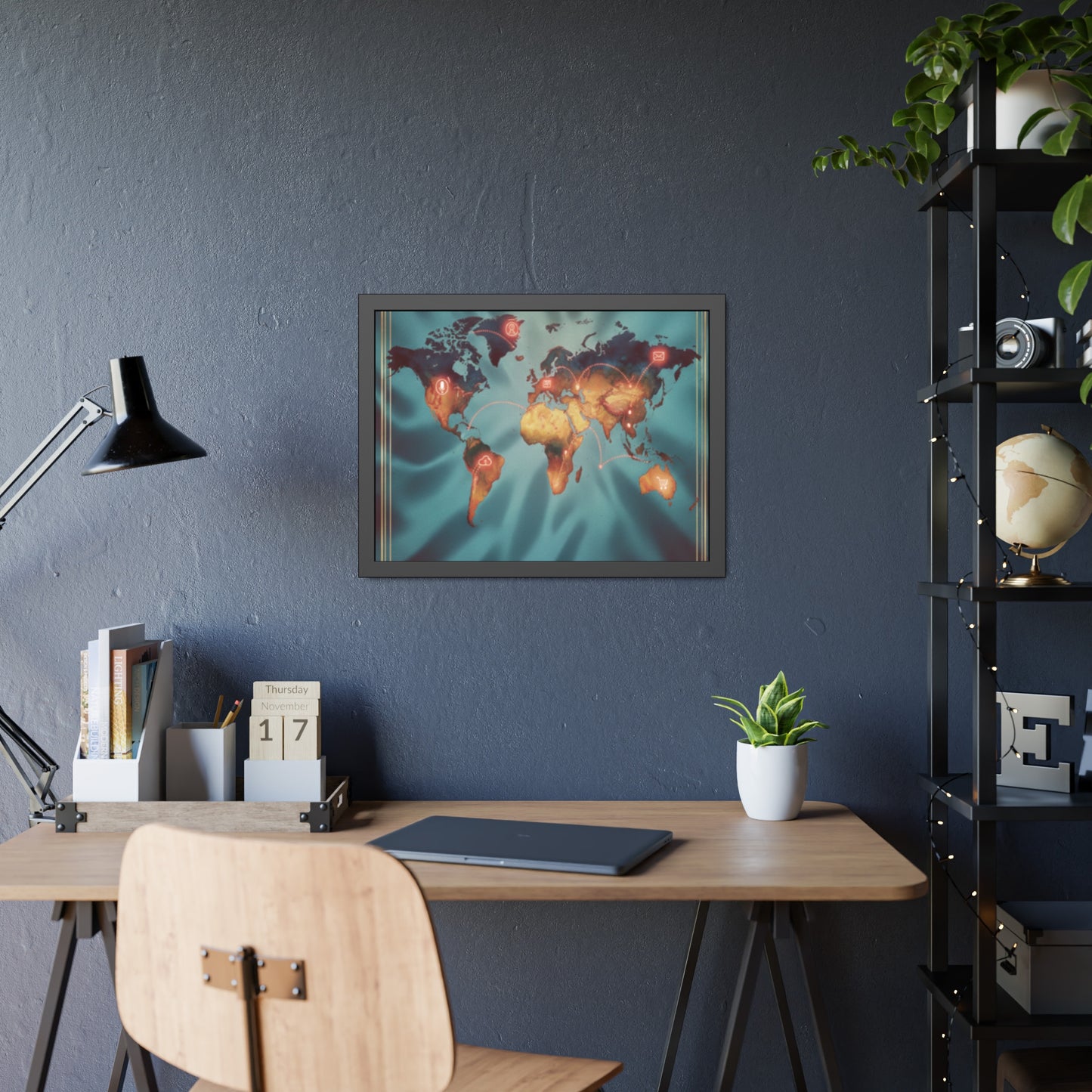 Framed World Map Poster – Glowing Network Travel Art Print | Modern Wall Decor