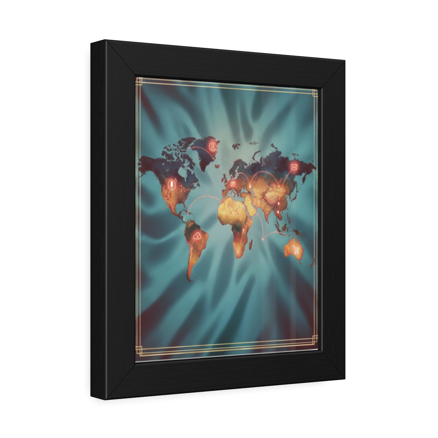 Framed World Map Poster – Glowing Network Travel Art Print | Modern Wall Decor