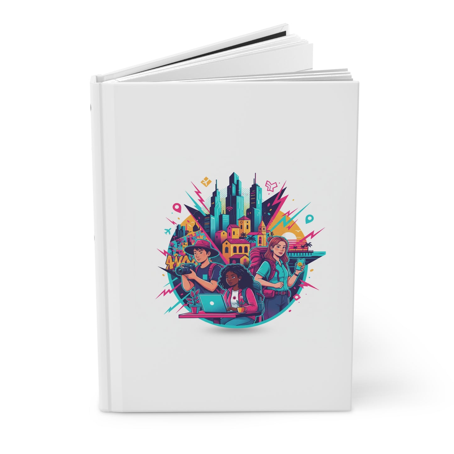 Hardcover Journal – Vibrant Stem City Illustration & Retro Geometric Pattern | Decorative Notebook