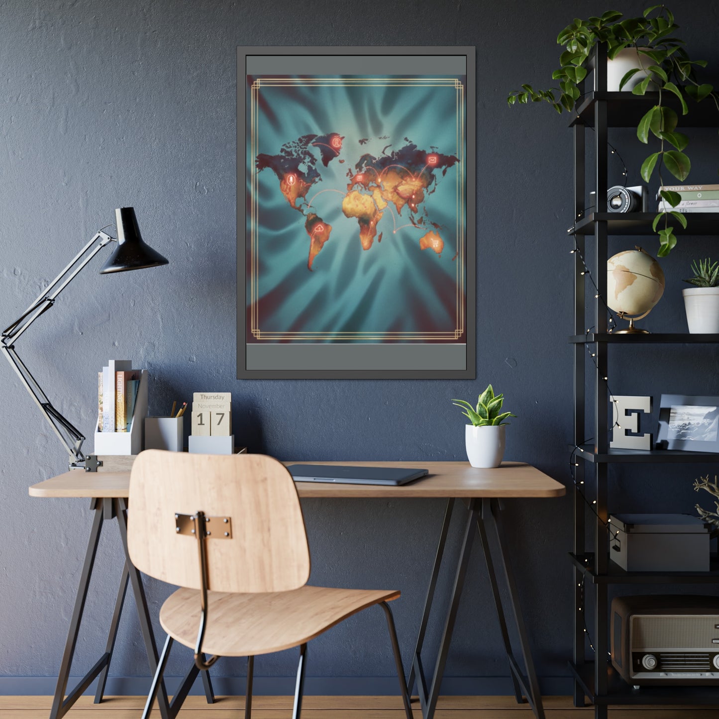 Framed World Map Poster – Glowing Network Travel Art Print | Modern Wall Decor