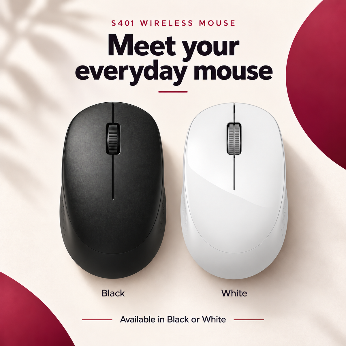 Two wireless mice shown side by side on a light cream background with decorative red shapes and text reading 'S401 WIRELESS MOUSE', 'Meet your everyday mouse', 'Black', and 'White'.