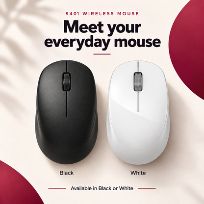 Two wireless mice shown side by side on a light cream background with decorative red shapes and text reading 'S401 WIRELESS MOUSE', 'Meet your everyday mouse', 'Black', and 'White'.