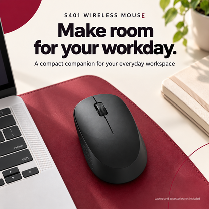 A black wireless mouse placed on a burgundy desk mat beside a laptop and notebook, with promotional text reading 'S401 WIRELESS MOUSE' and 'Make room for your workday.'.