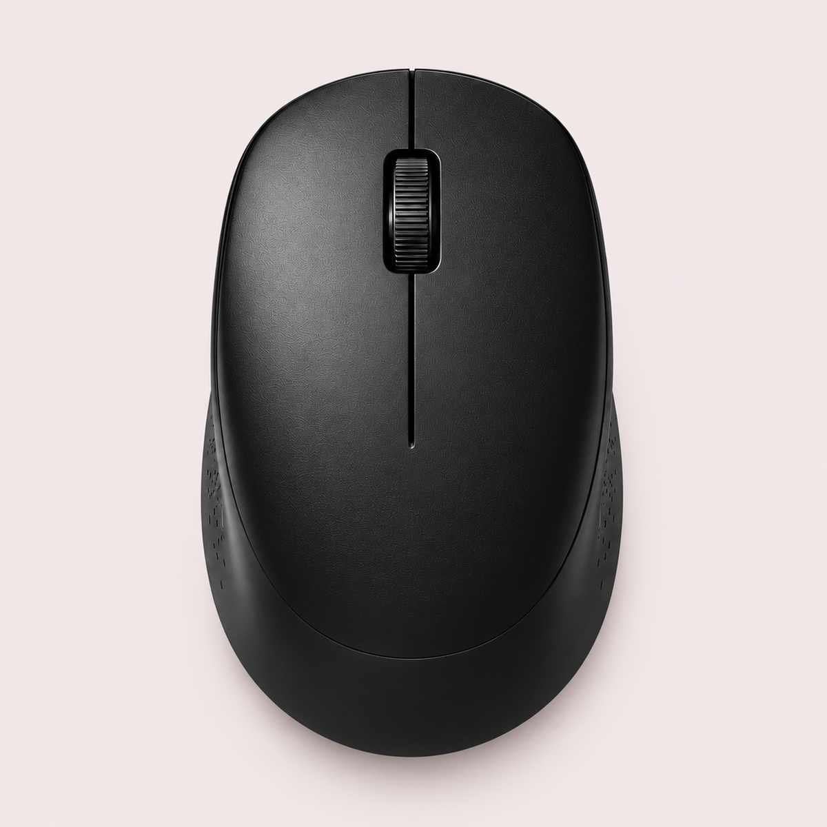 A black wireless computer mouse shown from a top-down perspective on a light pink background.