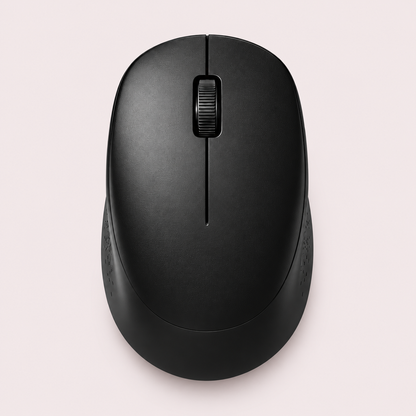 A black wireless computer mouse shown from a top-down perspective on a light pink background.