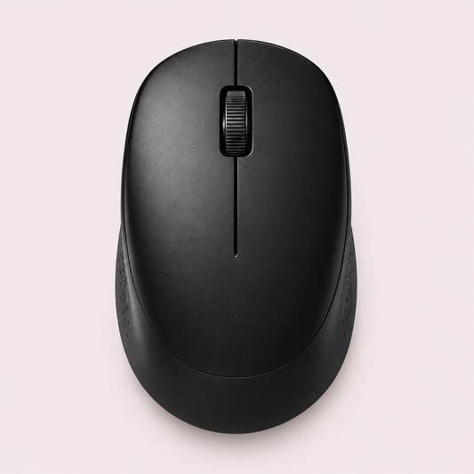 A black wireless computer mouse shown from a top-down perspective on a light pink background.