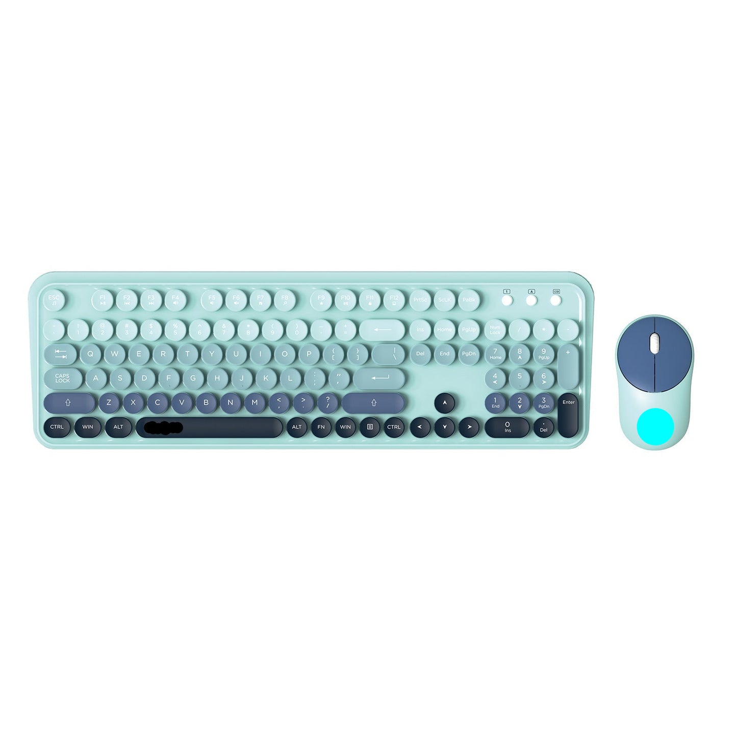 A retro-style wireless keyboard and matching mouse set in mint green and dark blue-gray, shown on a plain white background. 