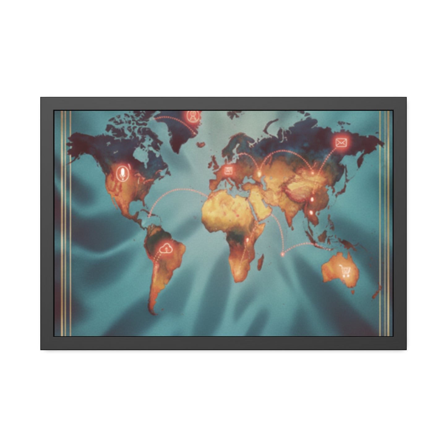 Framed World Map Poster – Glowing Network Travel Art Print | Modern Wall Decor