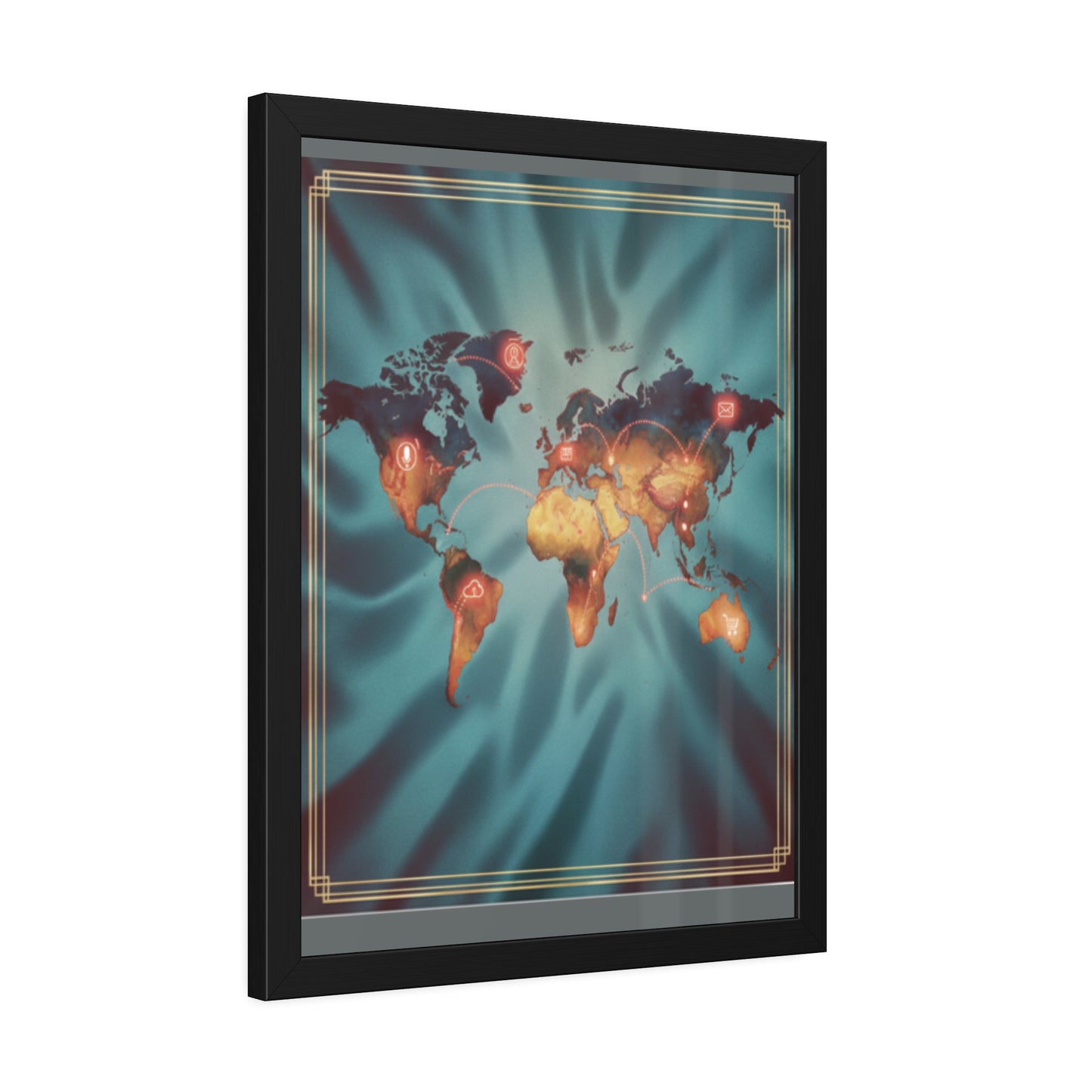 Framed World Map Poster – Glowing Network Travel Art Print | Modern Wall Decor