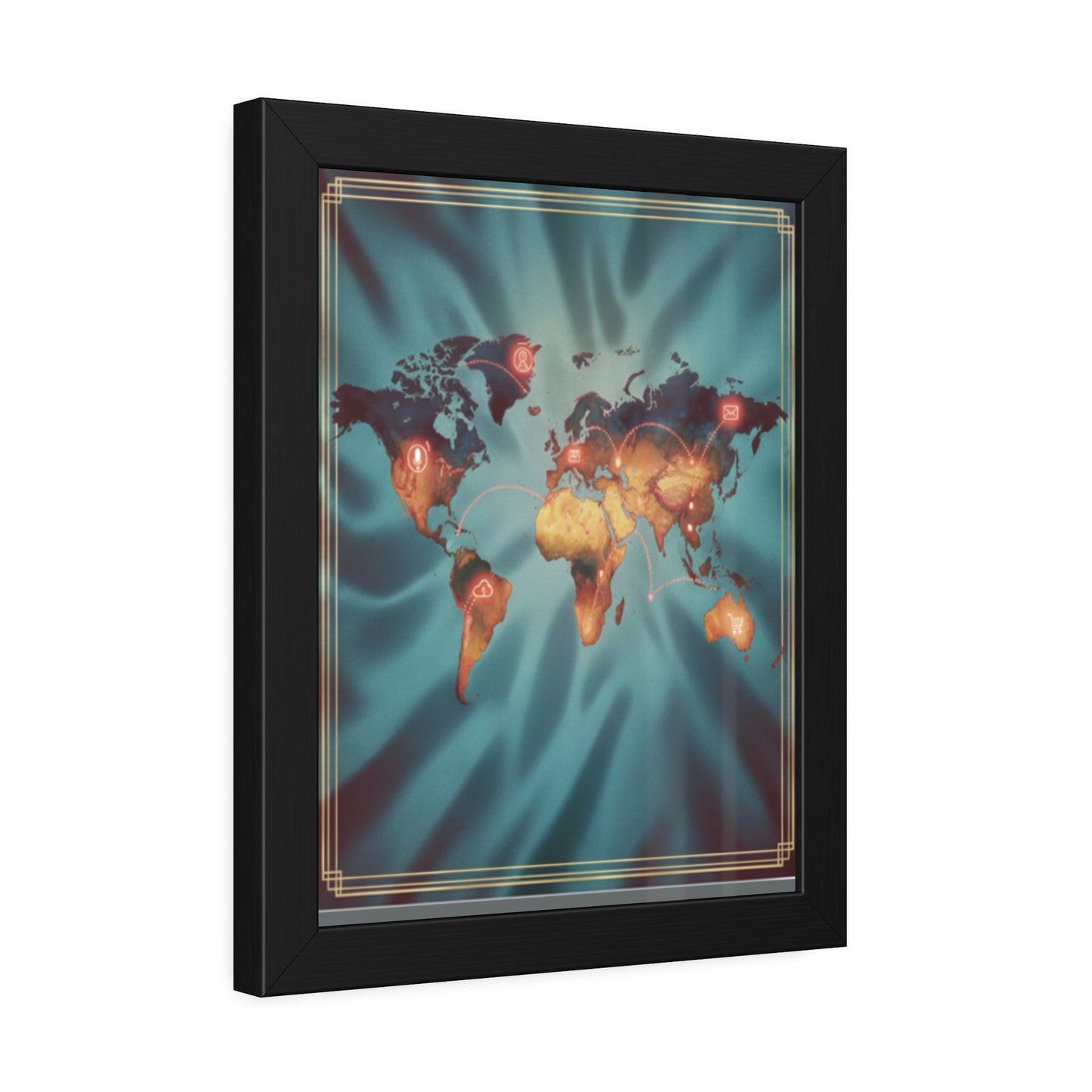 Framed World Map Poster – Glowing Network Travel Art Print | Modern Wall Decor