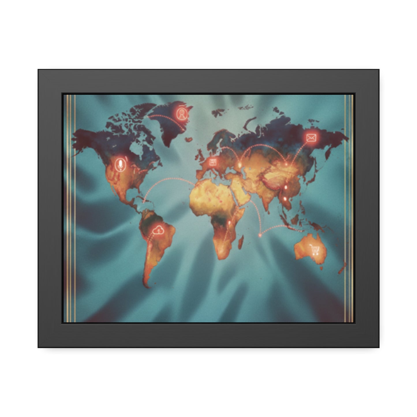 Framed World Map Poster – Glowing Network Travel Art Print | Modern Wall Decor