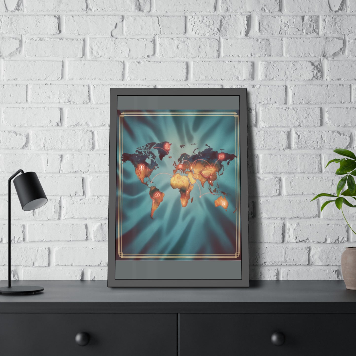 Framed World Map Poster – Glowing Network Travel Art Print | Modern Wall Decor