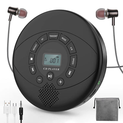 Portable CD Player with Bluetooth & Rechargeable Battery | Discman with Speaker & Earbuds Support