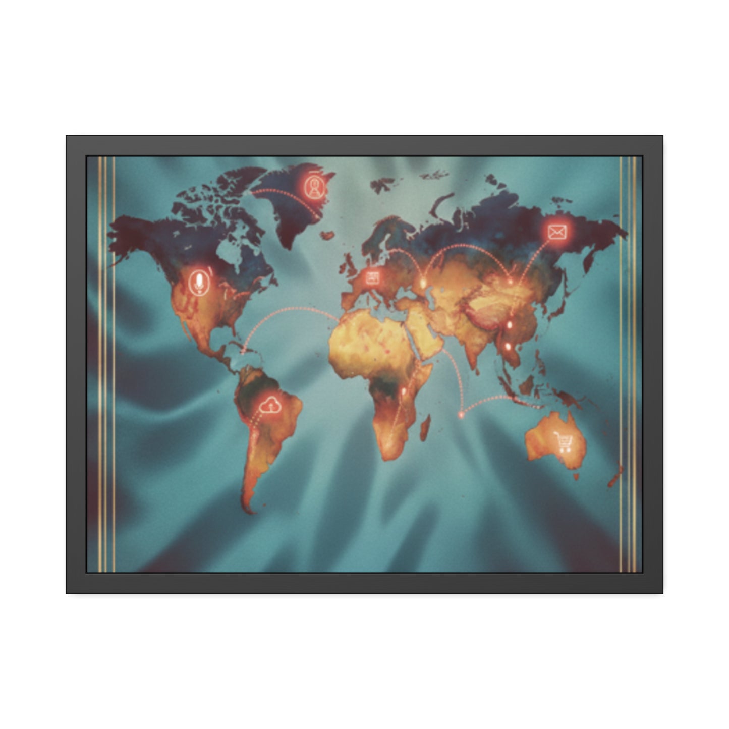 Framed World Map Poster – Glowing Network Travel Art Print | Modern Wall Decor
