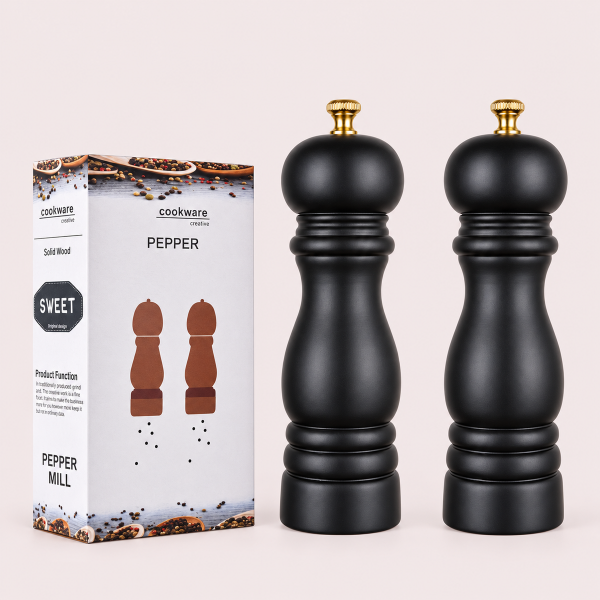 Black Wooden Pepper Mill – Manual Ceramic Grinder, 19.5 cm