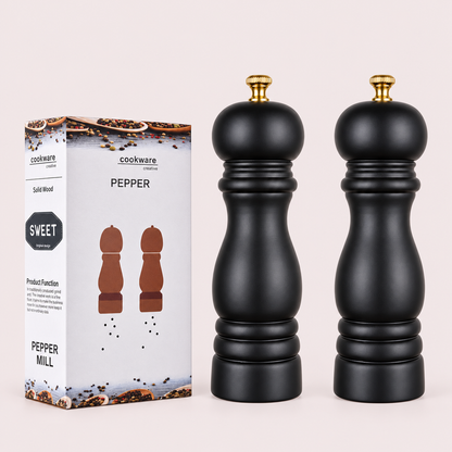 Black Wooden Pepper Mill – Manual Ceramic Grinder, 19.5 cm
