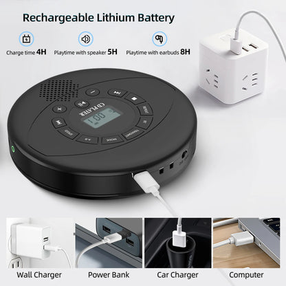 Portable CD Player with Bluetooth & Rechargeable Battery | Discman with Speaker & Earbuds Support