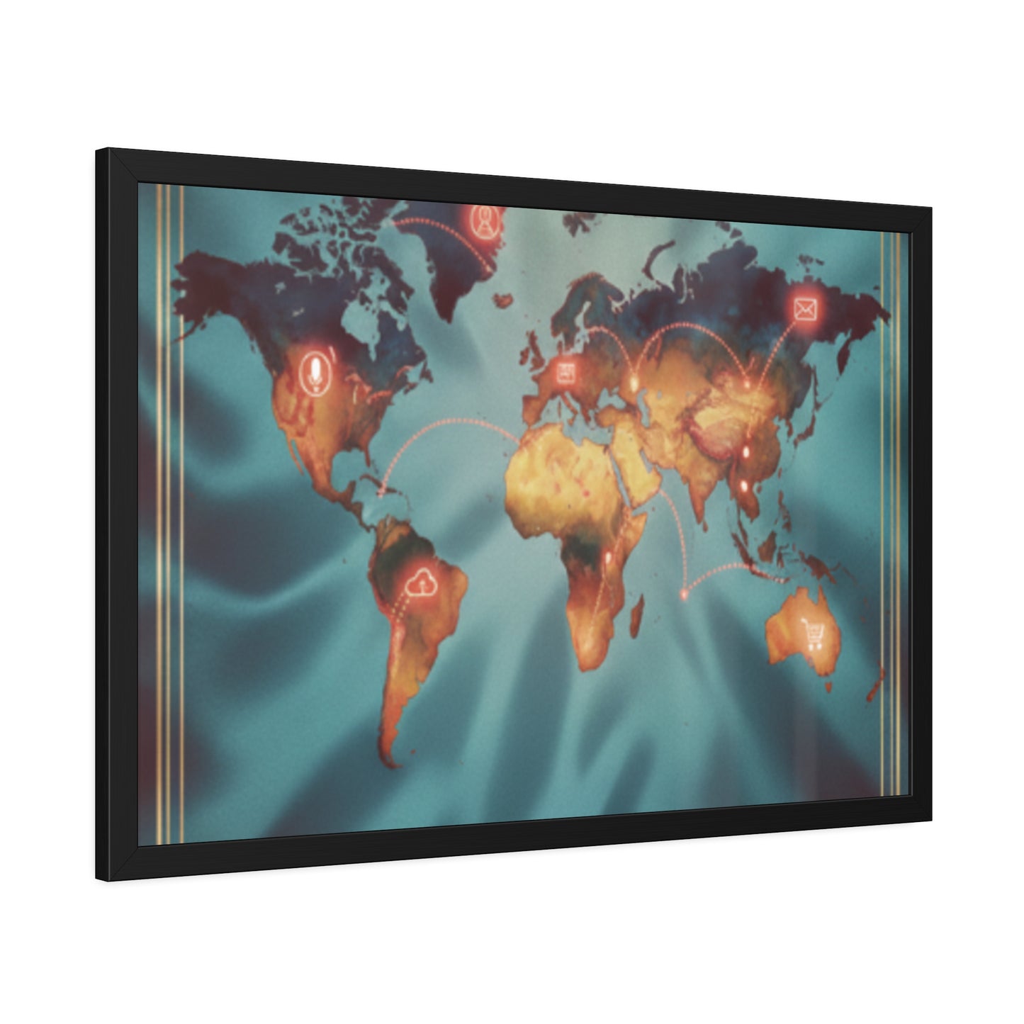 Framed World Map Poster – Glowing Network Travel Art Print | Modern Wall Decor