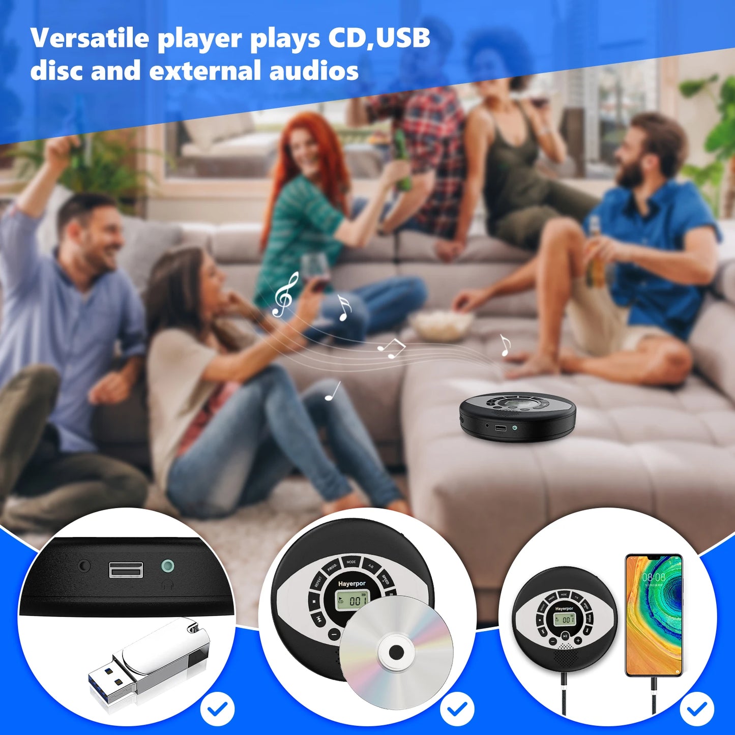 Rechargeable Discman CD Walkman with Speaker & Anti-Skip Protection | Portable CD Player with USB & Earbuds