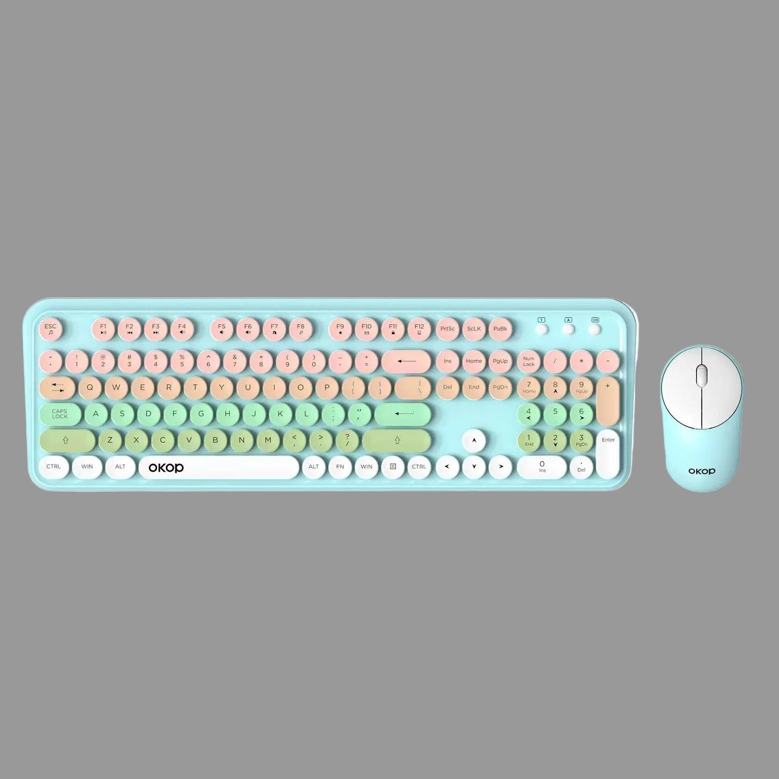 A pastel-colored OKOD wireless keyboard and mouse set on a solid white background. The keyboard features a light blue frame with keys in pastel pink, mint green, and white.