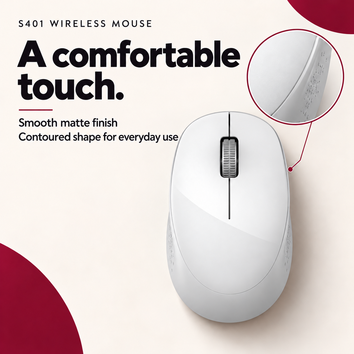 White S401 wireless mouse with a smooth matte finish, shown on a light beige background with promotional text and a circular detail inset highlighting the textured scroll wheel.