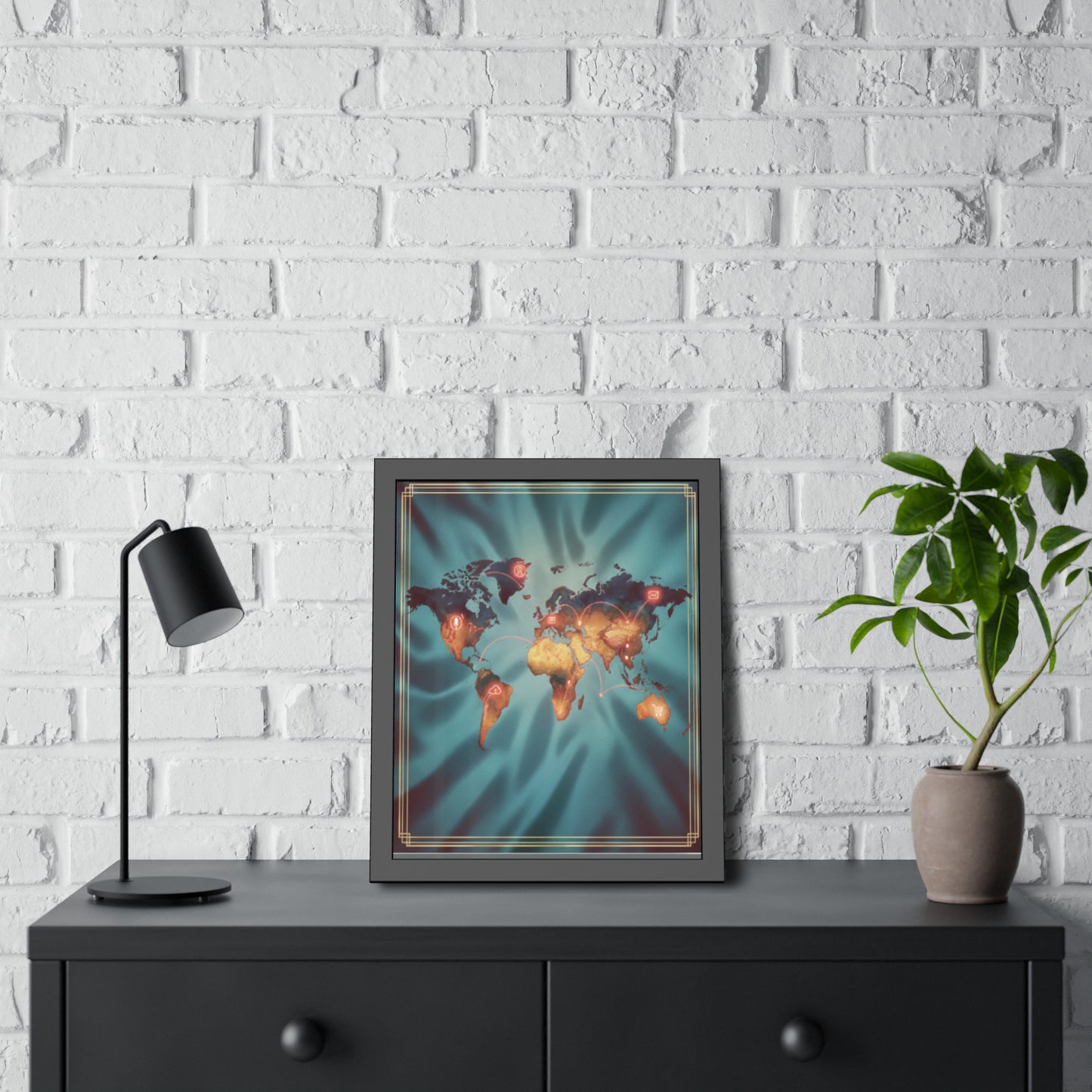 Framed World Map Poster – Glowing Network Travel Art Print | Modern Wall Decor