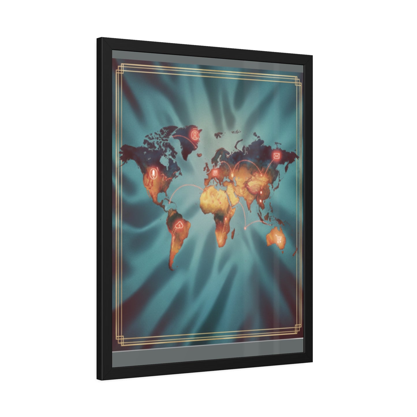 Framed World Map Poster – Glowing Network Travel Art Print | Modern Wall Decor
