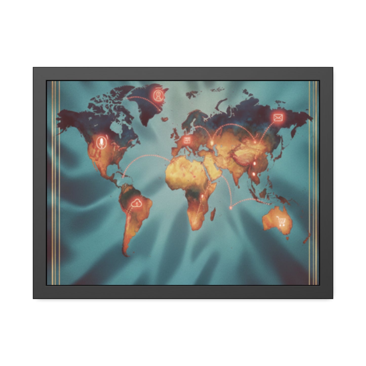 Framed World Map Poster – Glowing Network Travel Art Print | Modern Wall Decor
