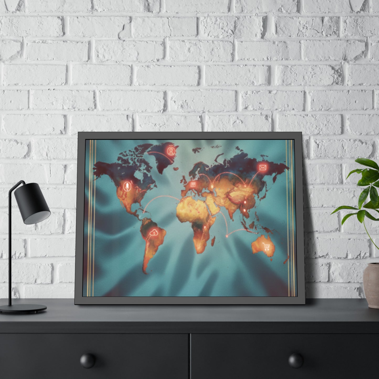 Framed World Map Poster – Glowing Network Travel Art Print | Modern Wall Decor