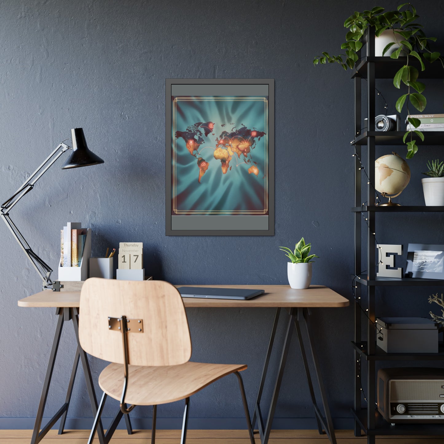 Framed World Map Poster – Glowing Network Travel Art Print | Modern Wall Decor