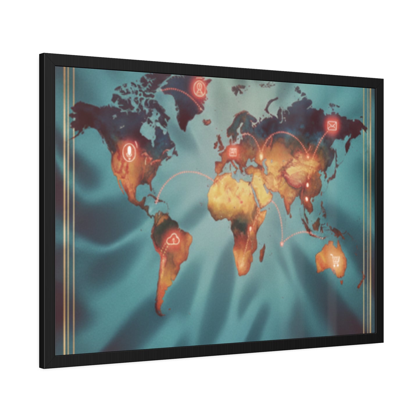 Framed World Map Poster – Glowing Network Travel Art Print | Modern Wall Decor
